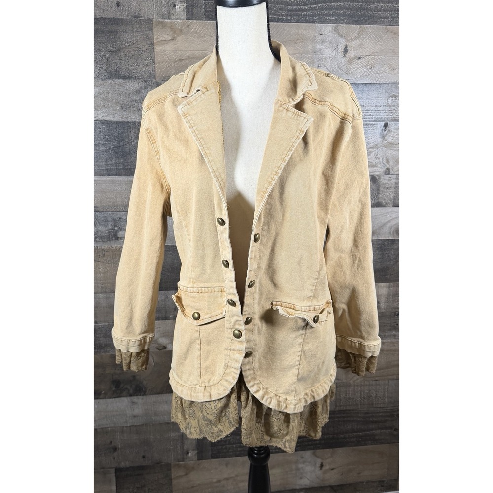 Vintage Women's Lace Trim Hem Boho Utility Jacket Tan Yellow Denim